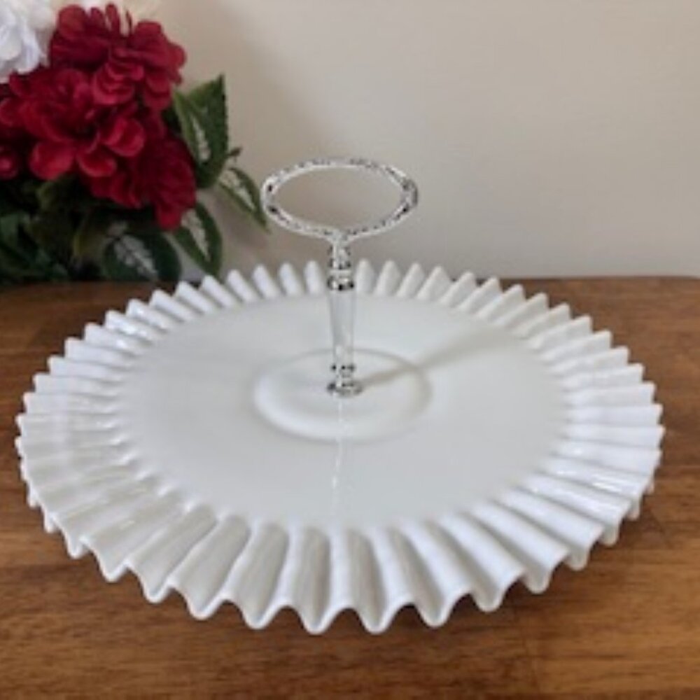 Vintage Milk‎ Glass Ruffled Edge Serving Tray with Handle MCM Tiered Platter